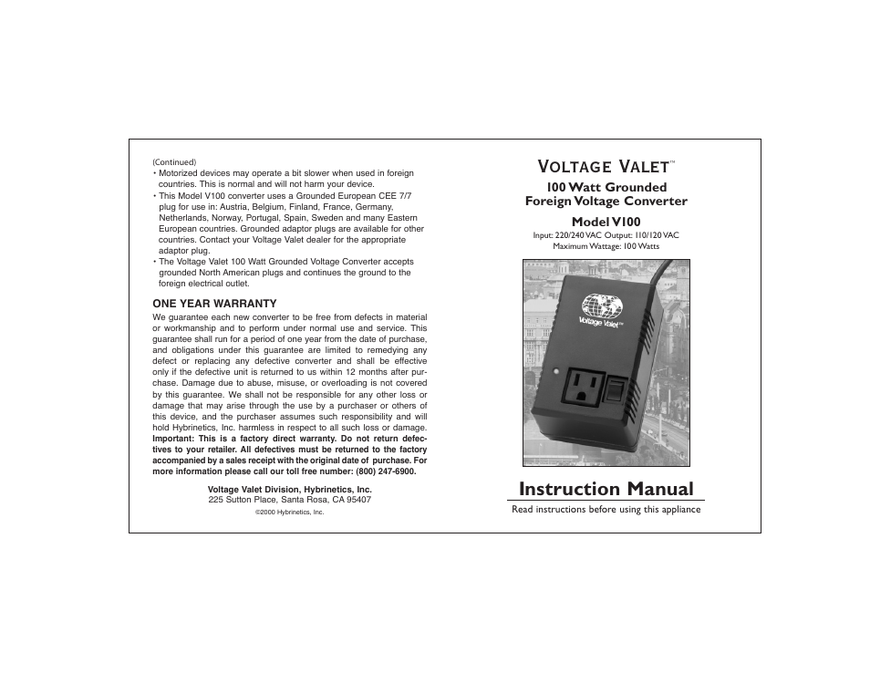 Voltage Valet V100 User Manual | 2 pages