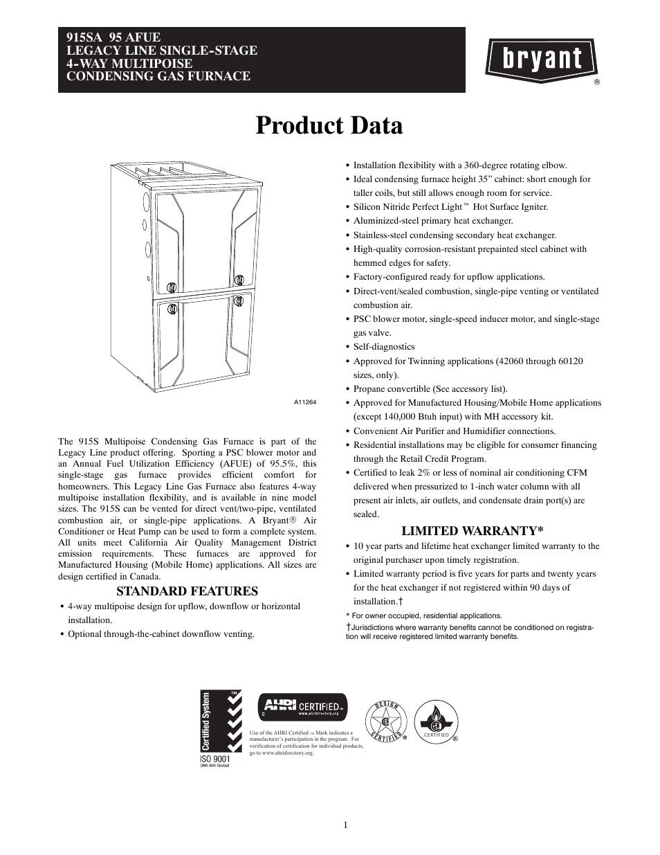 Bryant Multipoise Condensing Gas 915S User Manual | 16 pages