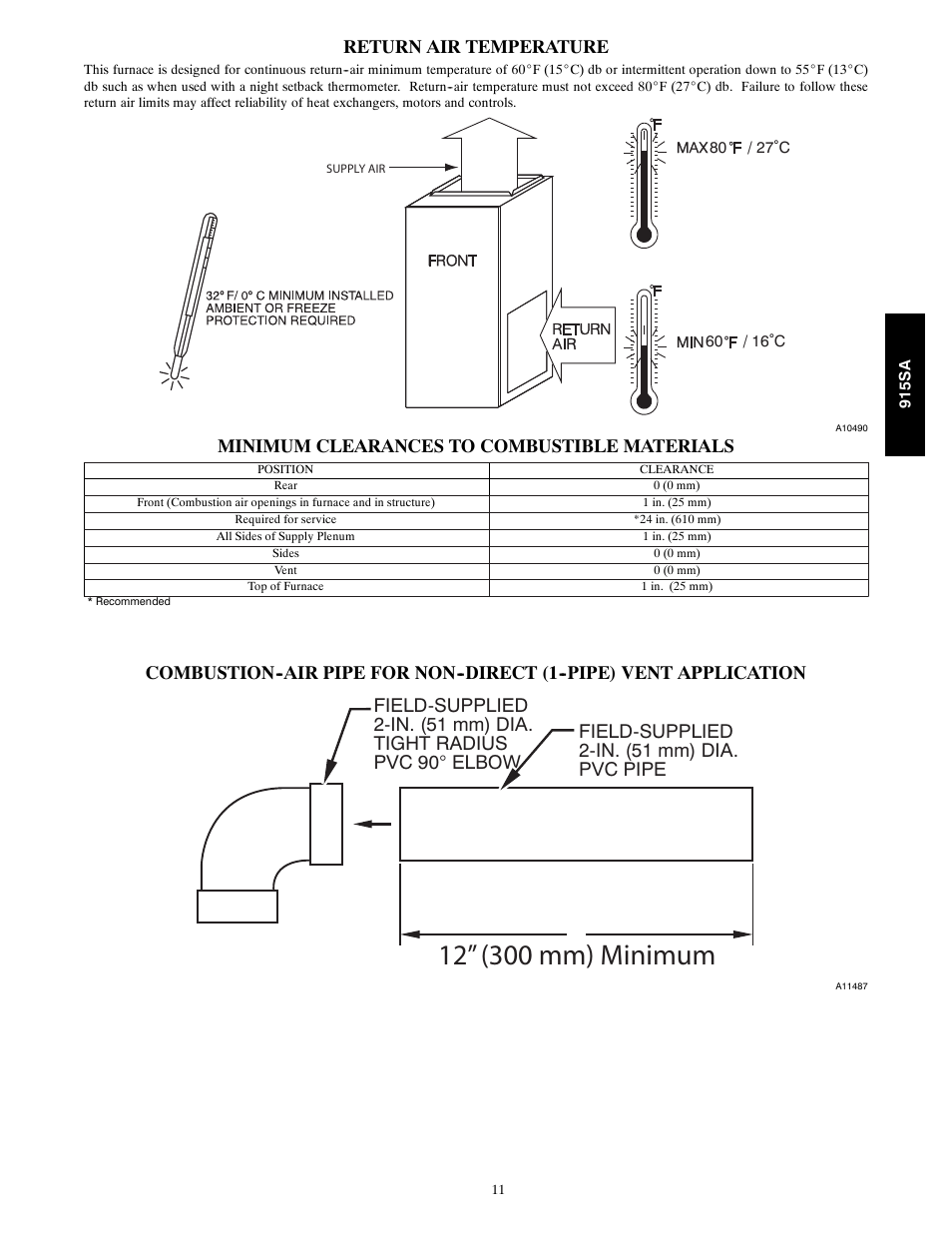 Return air temperature, Minimum clearances to combustible materials | Bryant Multipoise Condensing Gas 915S User Manual | Page 11 / 16