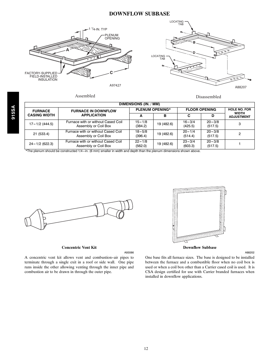 Downflow subbase, Assembled disassembled, 915sa | Bryant Multipoise Condensing Gas 915S User Manual | Page 12 / 16