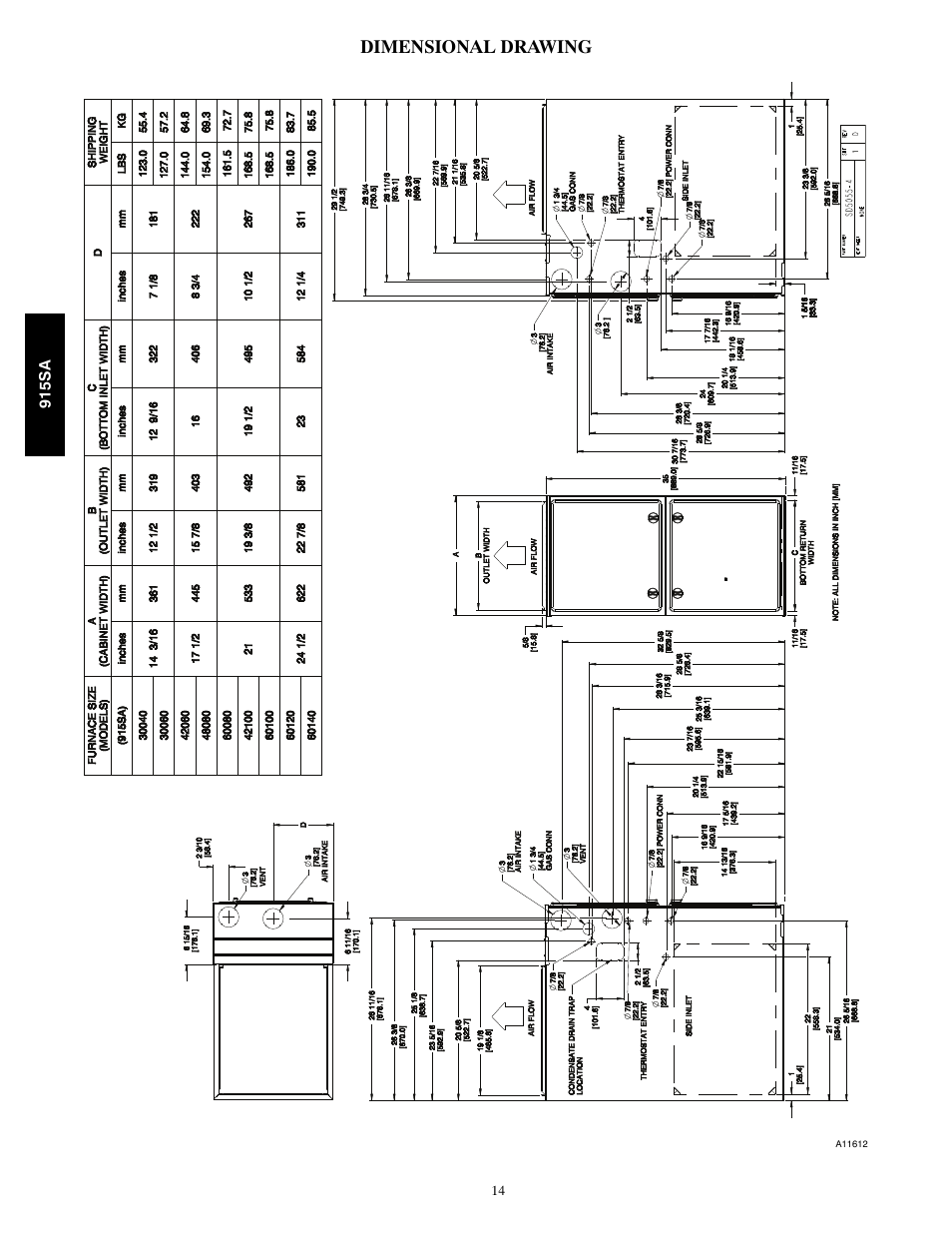 Dimensional drawing | Bryant Multipoise Condensing Gas 915S User Manual | Page 14 / 16