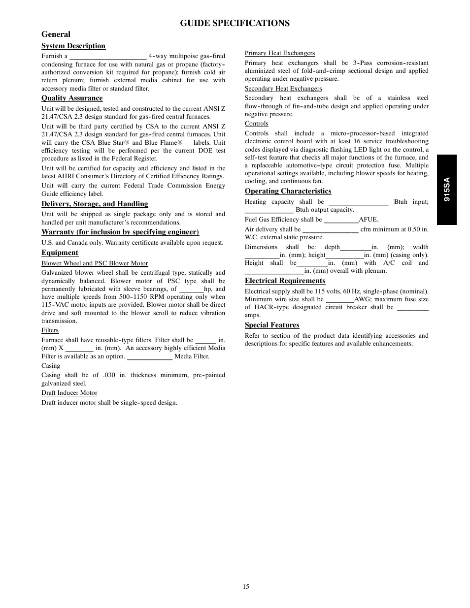 Guide specifications, General | Bryant Multipoise Condensing Gas 915S User Manual | Page 15 / 16