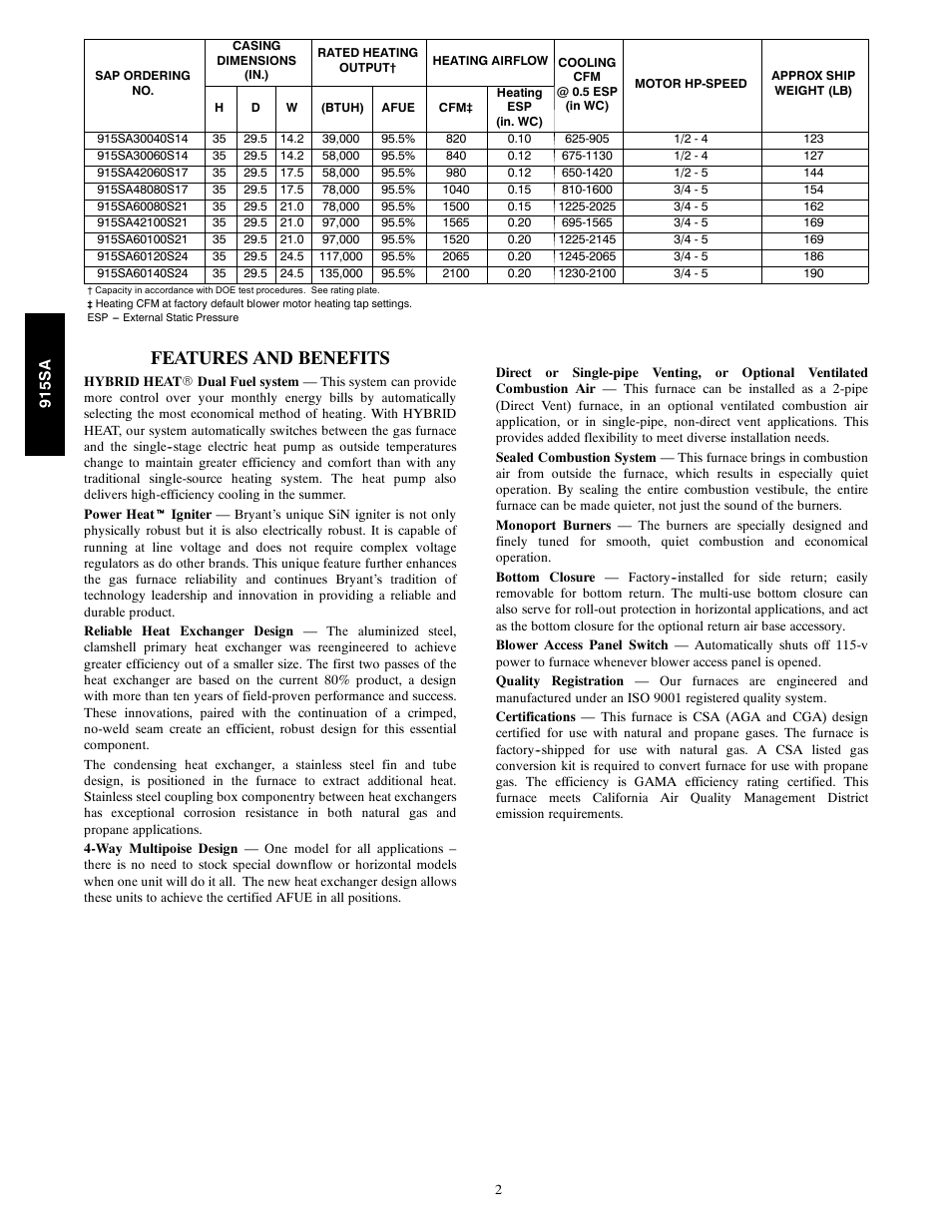 Features and benefits | Bryant Multipoise Condensing Gas 915S User Manual | Page 2 / 16