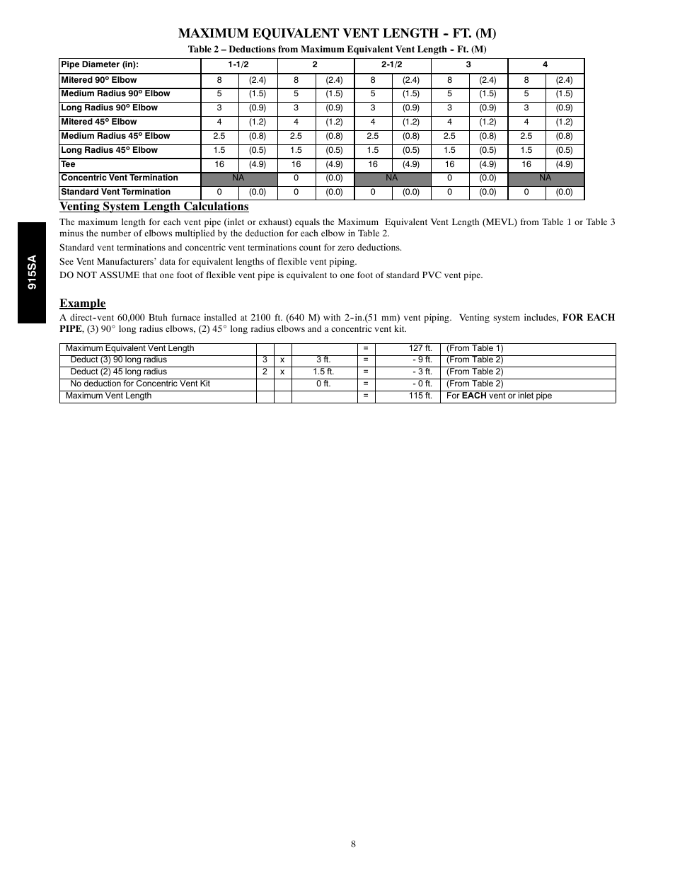 Maximum equivalent vent length -- ft. (m), Venting system length calculations, Example | Bryant Multipoise Condensing Gas 915S User Manual | Page 8 / 16