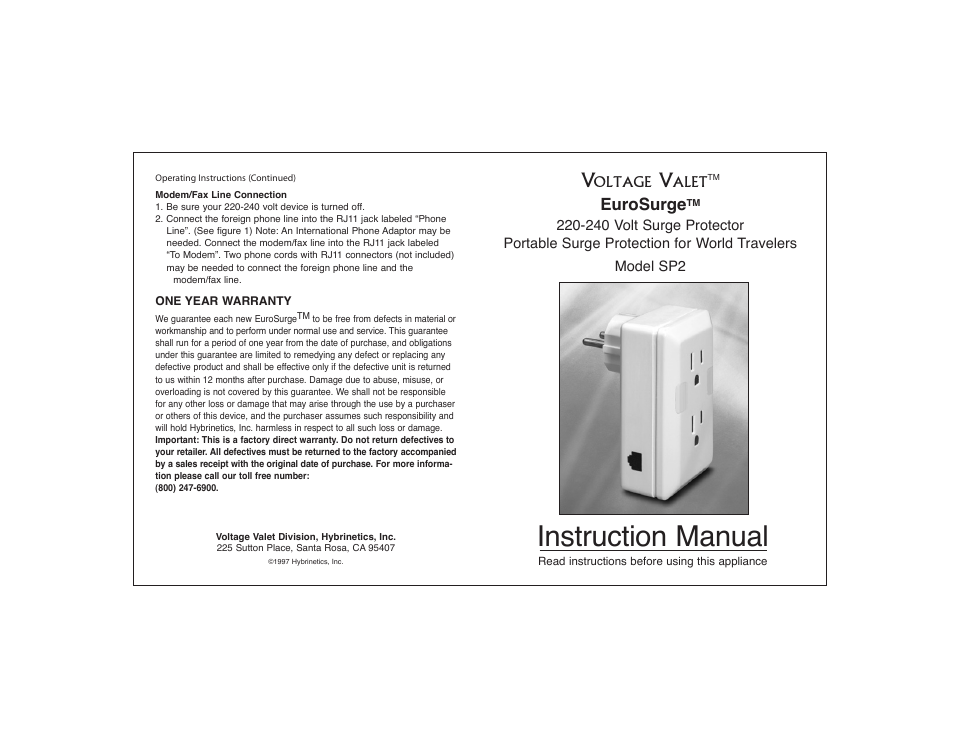 Voltage Valet SP2 User Manual | 2 pages