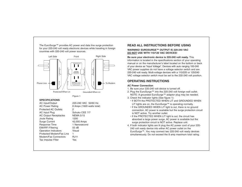 Read all lnstructions before using, Operating instructions | Voltage Valet SP2 User Manual | Page 2 / 2