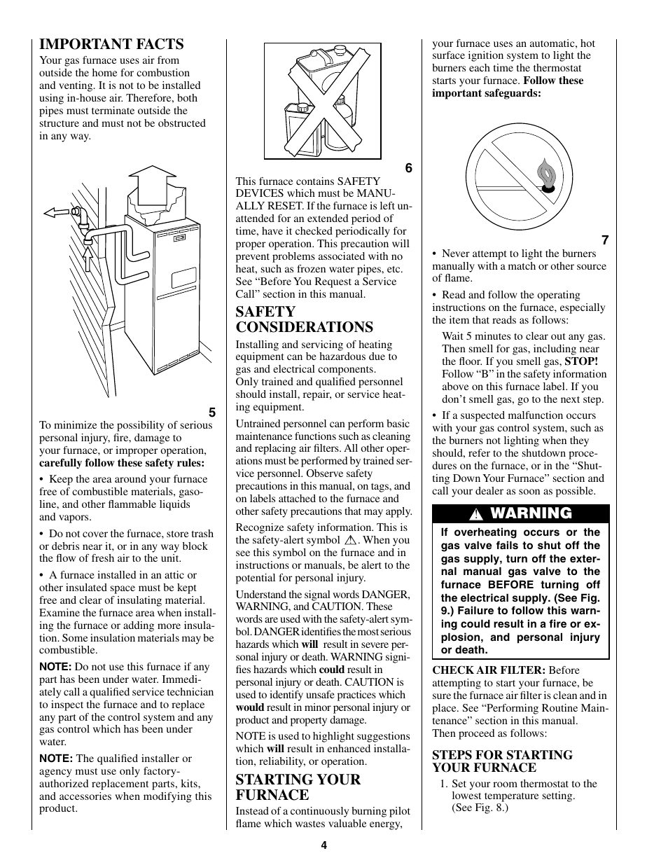 Important facts, Safety considerations, Starting your furnace | Warning | Bryant CONDENSING GAS FURNACE 352MAV User Manual | Page 4 / 12