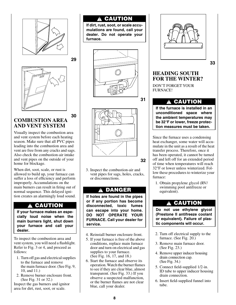 Combustion area and vent system, Caution, Heading south for the winter | Danger | Bryant CONDENSING GAS FURNACE 352MAV User Manual | Page 8 / 12