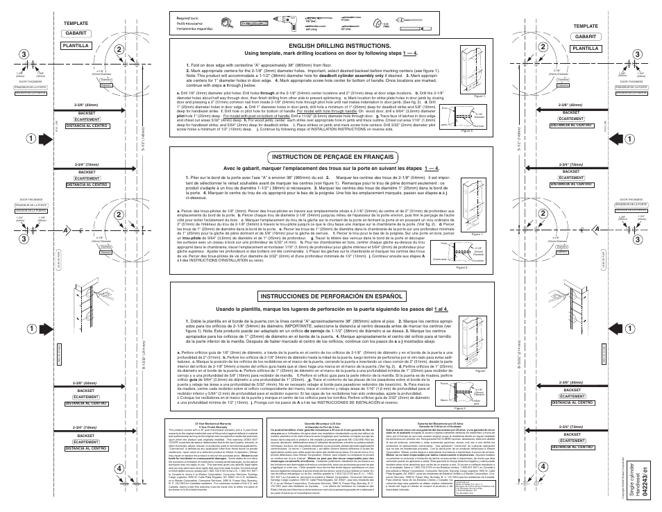 English drilling instructions, Instrucciones de perforación en español, Instruction de perçage en français | Weiser Elements Handleset User Manual | Page 2 / 2