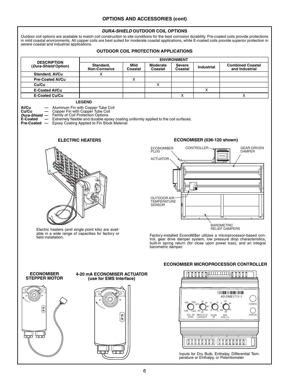 6options and accessories (cont), Dura-shield outdoor coil options, Outdoor coil protection applications | Economi$er microprocessor controller | Bryant 548F User Manual | Page 6 / 122