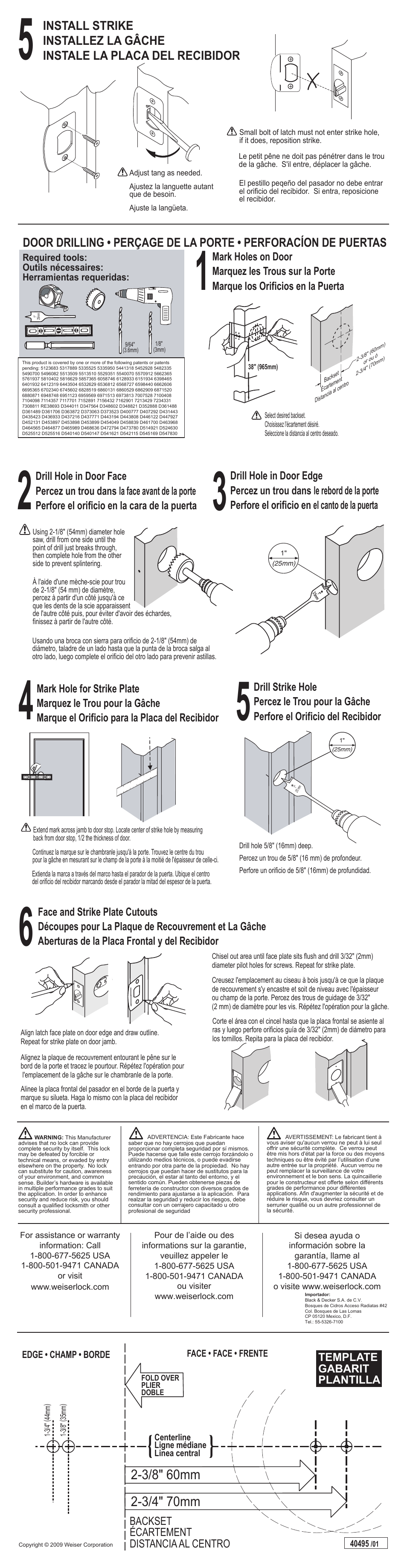 Template gabarit plantilla, Backset écartement distancia al centro | Weiser Collections Knobs User Manual | Page 2 / 2