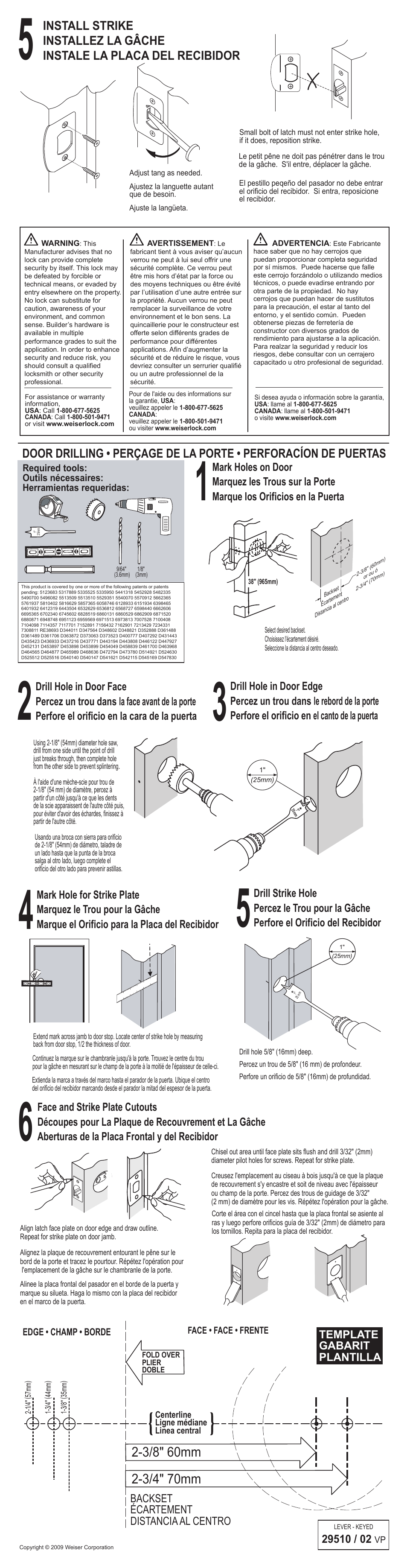 Template gabarit plantilla, Backset écartement distancia al centro | Weiser Welcome Home Levers - Keyed User Manual | Page 2 / 2