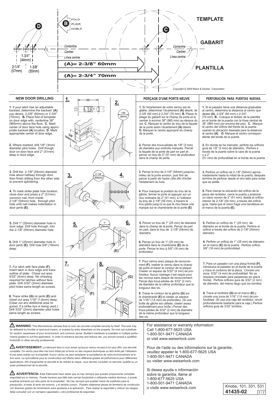 Plantilla template gabarit | Weiser Elements Knobs & Levers User Manual | Page 2 / 2
