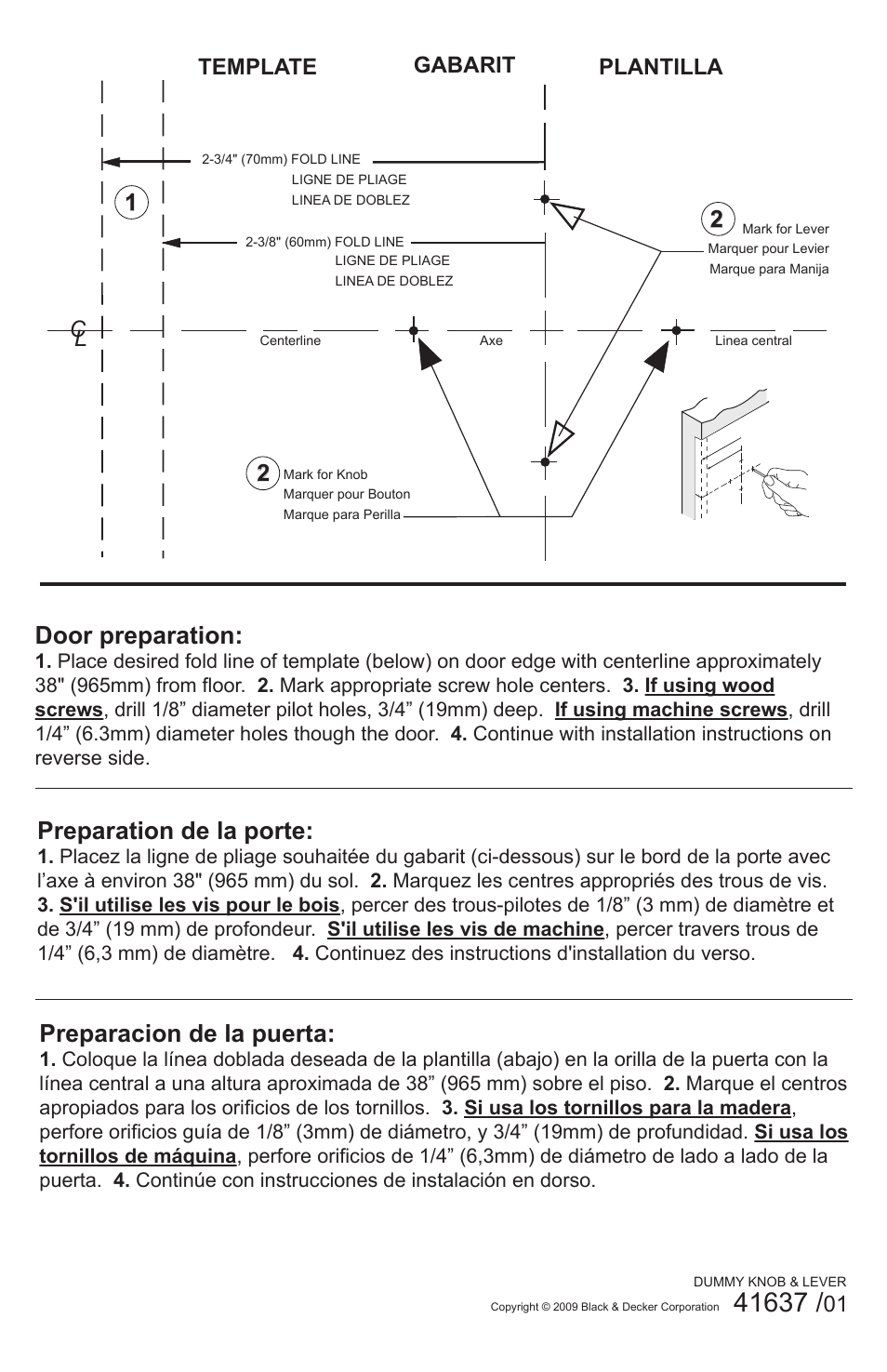 Door preparation, Preparation de la porte, Preparacion de la puerta | Gabarit plantilla template | Weiser Elements Inactive Knobs & Lever User Manual | Page 2 / 2