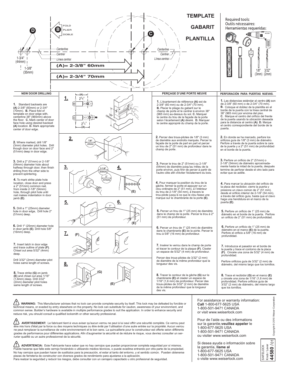 Template gabarit plantilla, Cl (a (c (b | Weiser Safelock - Knob & Lever User Manual | Page 2 / 2
