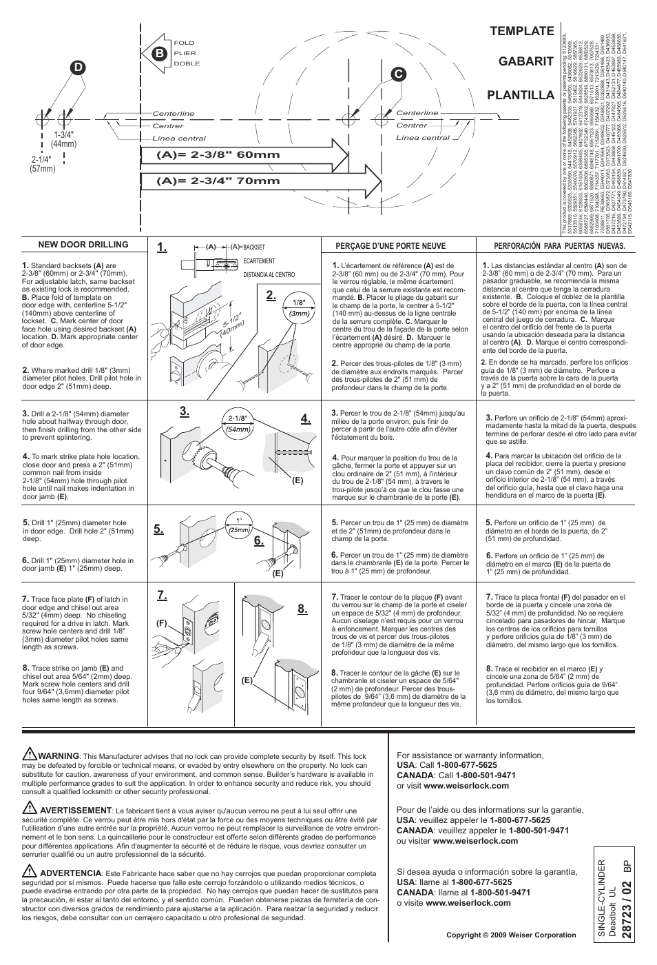 Plantilla template gabarit | Weiser Collections Deadbolt - UL Rated User Manual | Page 2 / 2
