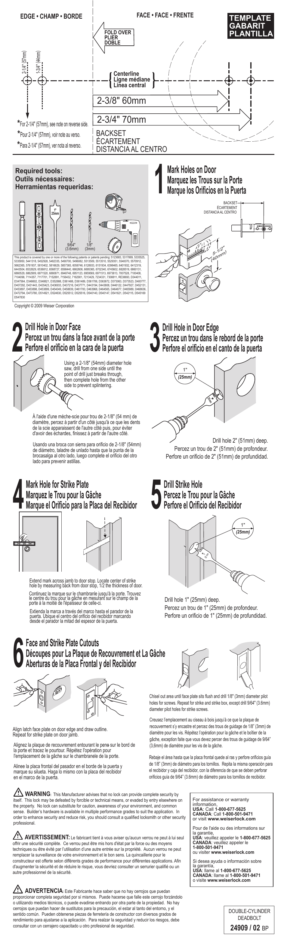 Template gabarit plantilla, Backset écartement distancia al centro | Weiser Collections Double Cylinder Deadbolt User Manual | Page 2 / 2