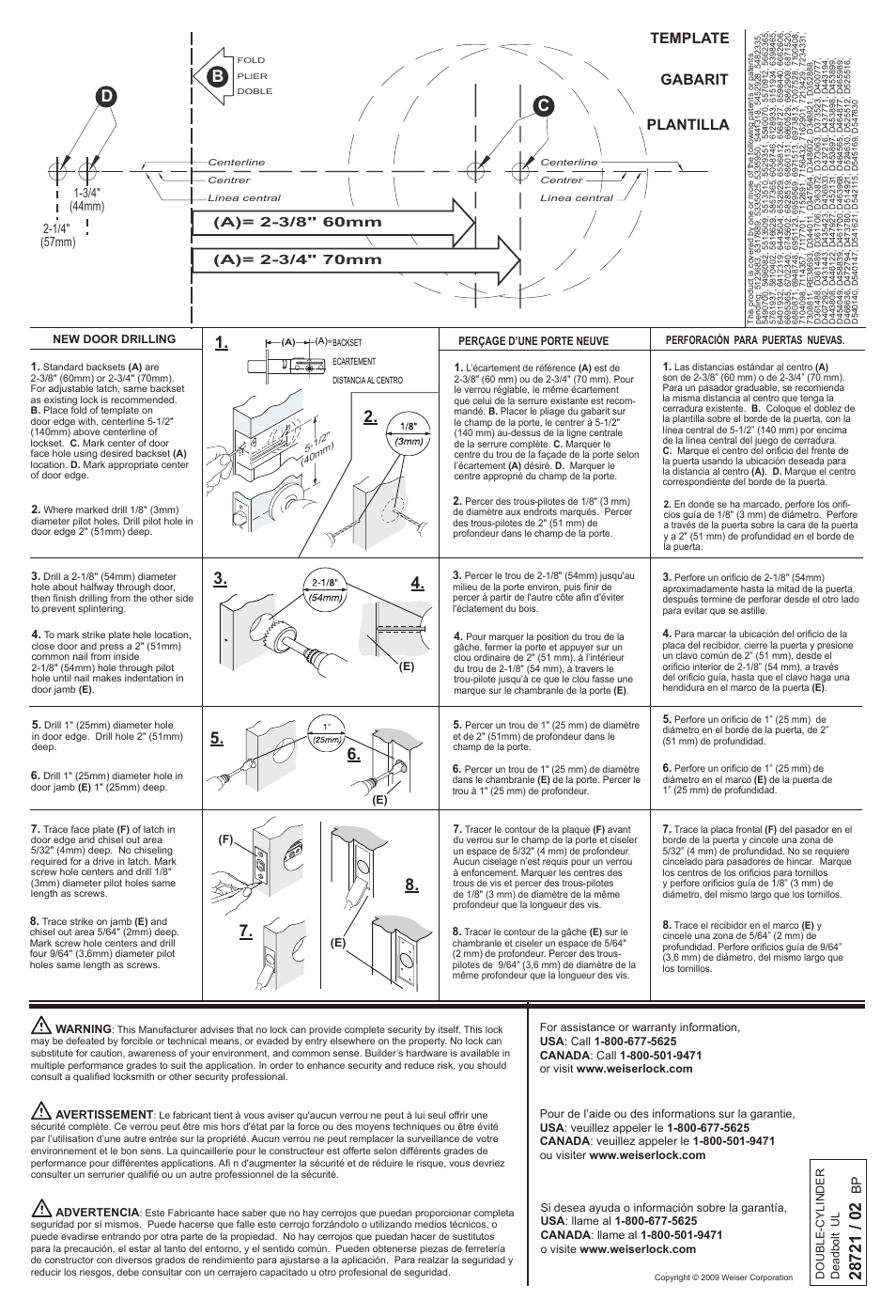 Plantilla template gabarit | Weiser Collections Double Cylinder Deadbolt - UL Rated User Manual | Page 2 / 2