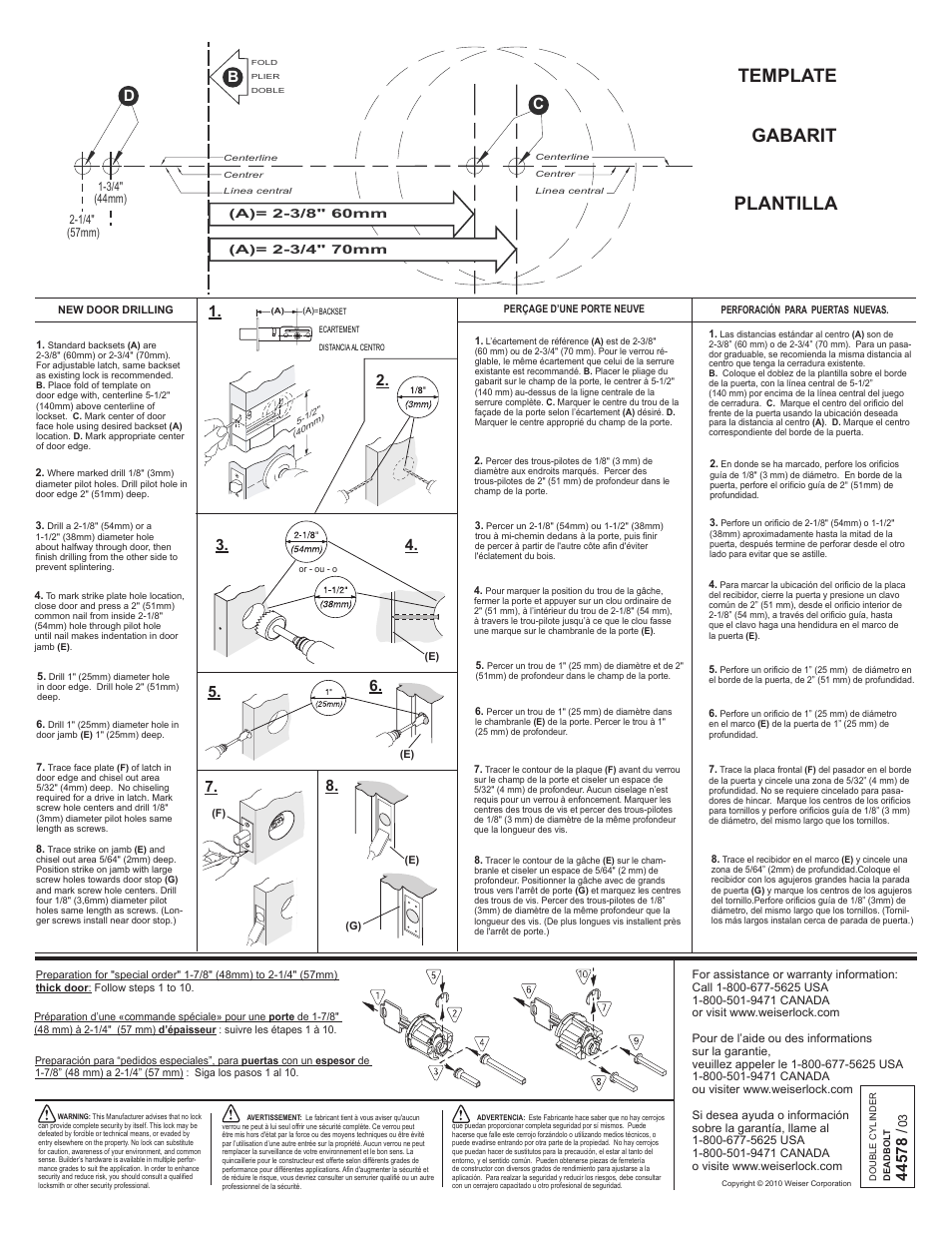 Plantilla template gabarit, Cl (c b | Weiser Collections Double Cylinder Deadbolt - Modern Square & Round User Manual | Page 2 / 2