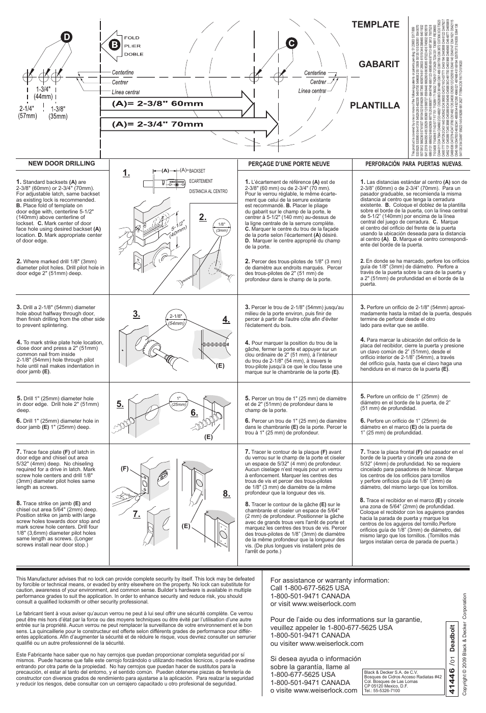 Plantilla template gabarit, Cl (c (b, E) (f) | E) 3, Deadbolt | Weiser Welcome Home Deadbolt - Single & Double Cylinder User Manual | Page 2 / 2