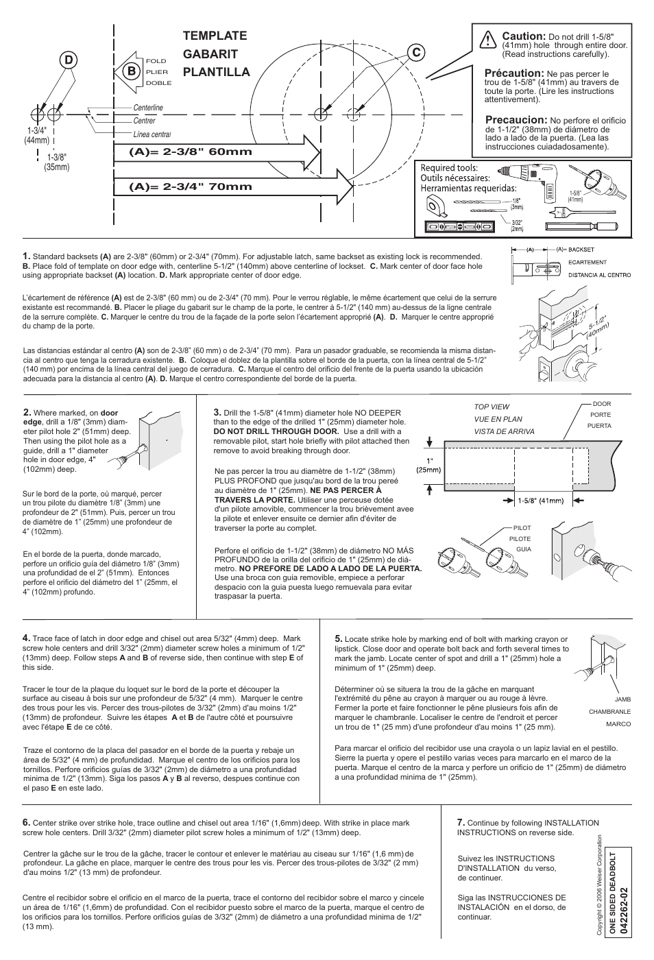 Template gabarit plantilla, Precaucion, Précaution | Caution | Weiser Elements half-bore deadbolt User Manual | Page 2 / 2