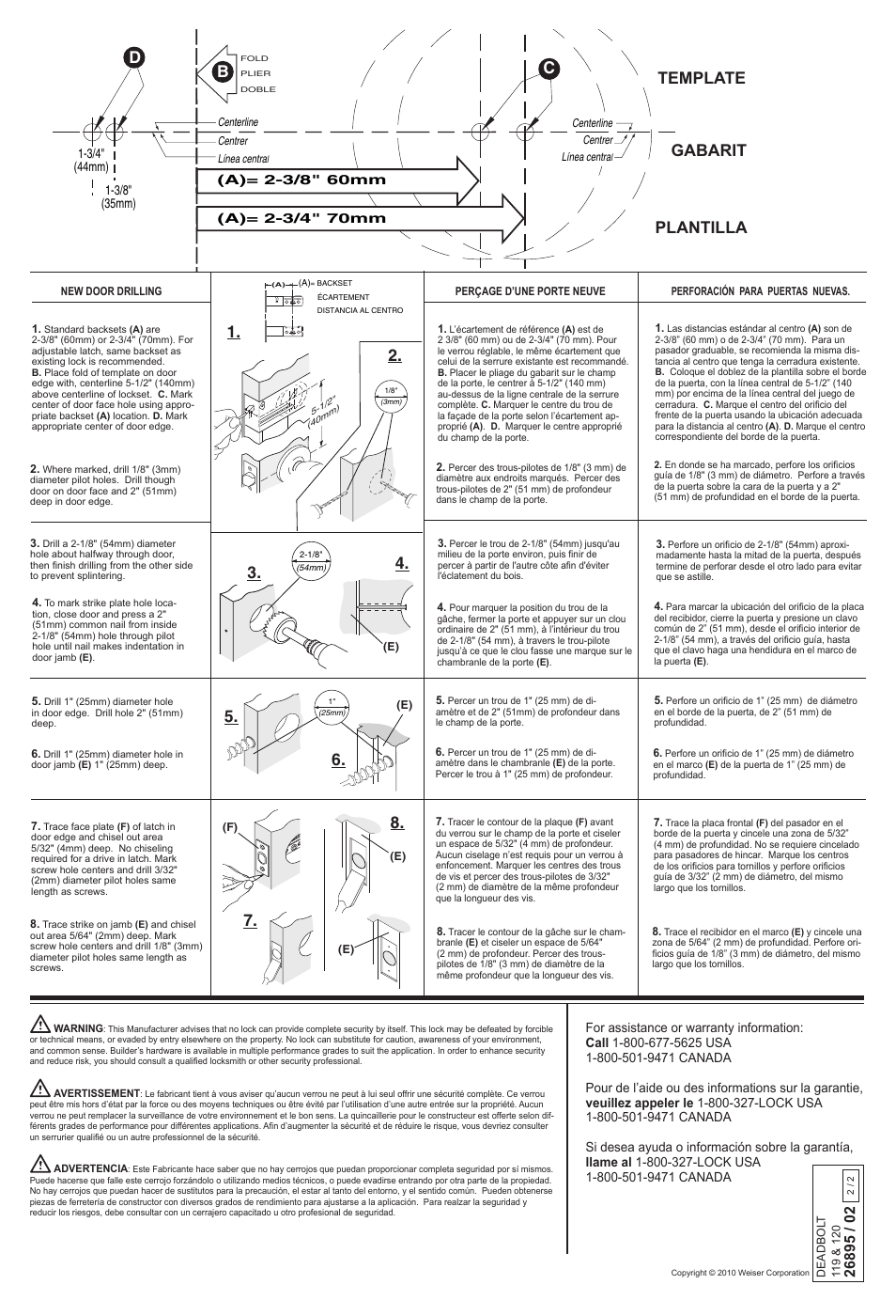 Plantilla template gabarit | Weiser Safelock Deadbolt User Manual | Page 2 / 2
