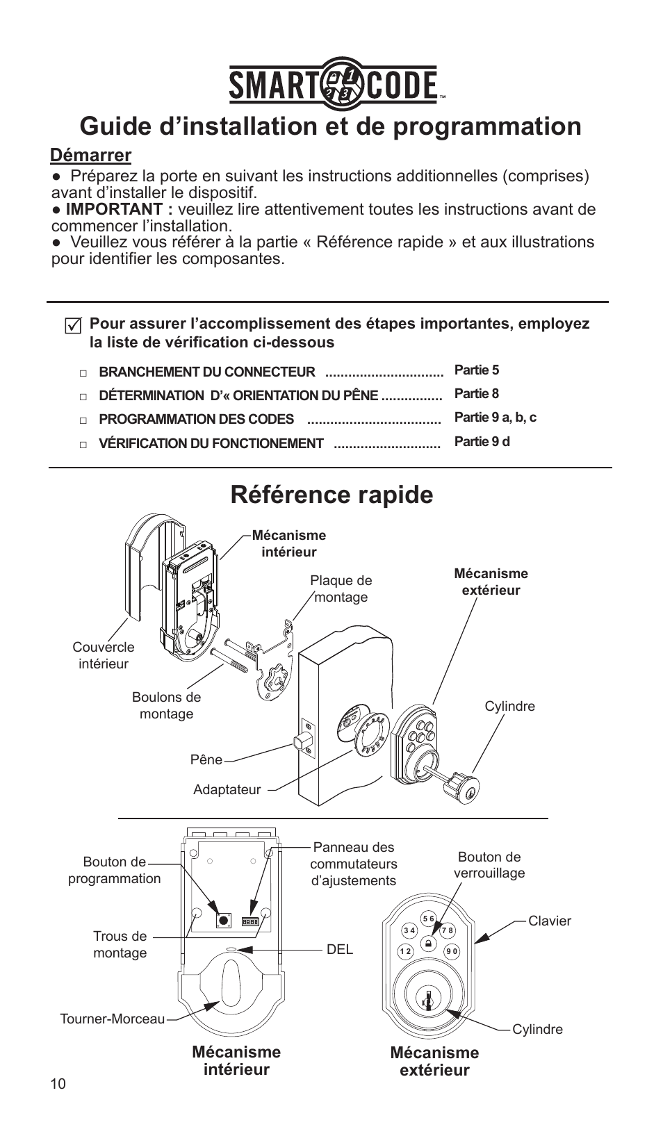 Guide d’installation et de programmation, Référence rapide, Démarrer | Weiser SmartCode5 - Traditional & Contemporary User Manual | Page 10 / 27