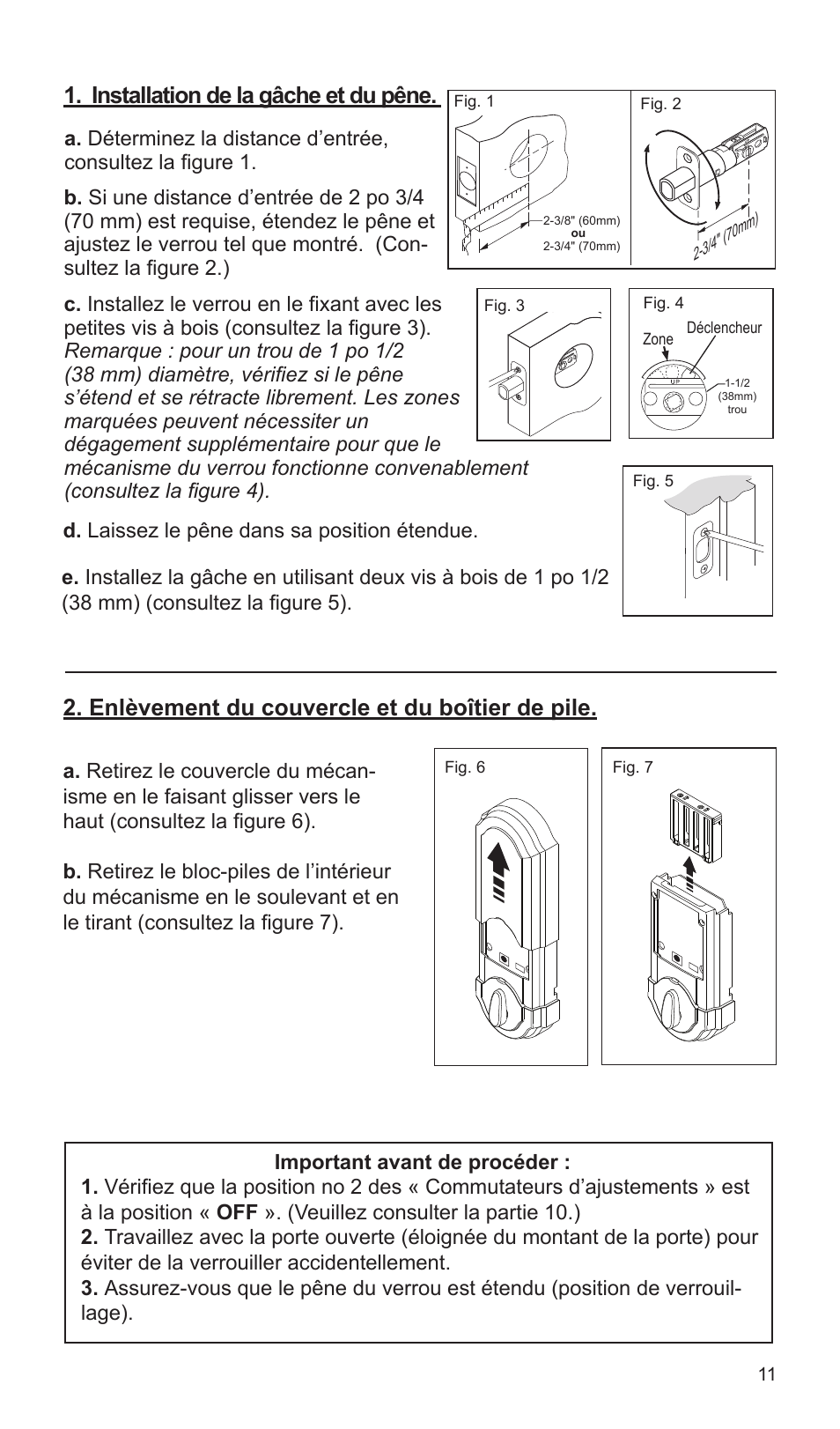Enlèvement du couvercle et du boîtier de pile, Installation de la gâche et du pêne | Weiser SmartCode5 - Traditional & Contemporary User Manual | Page 11 / 27
