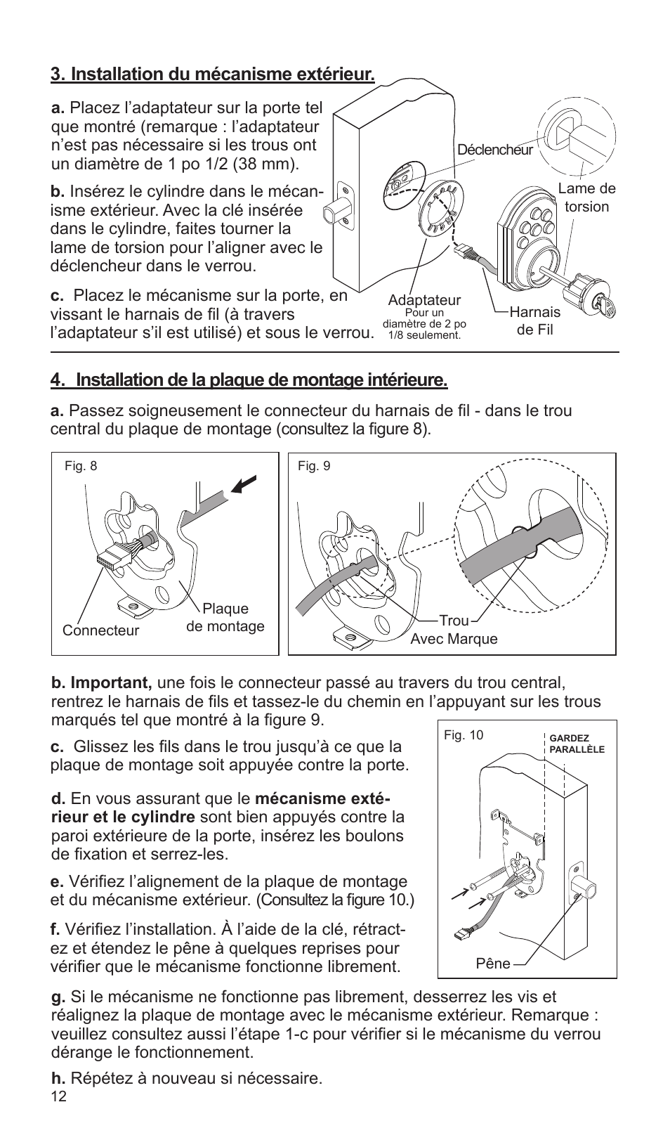 Installation du mécanisme extérieur, Installation de la plaque de montage intérieure | Weiser SmartCode5 - Traditional & Contemporary User Manual | Page 12 / 27