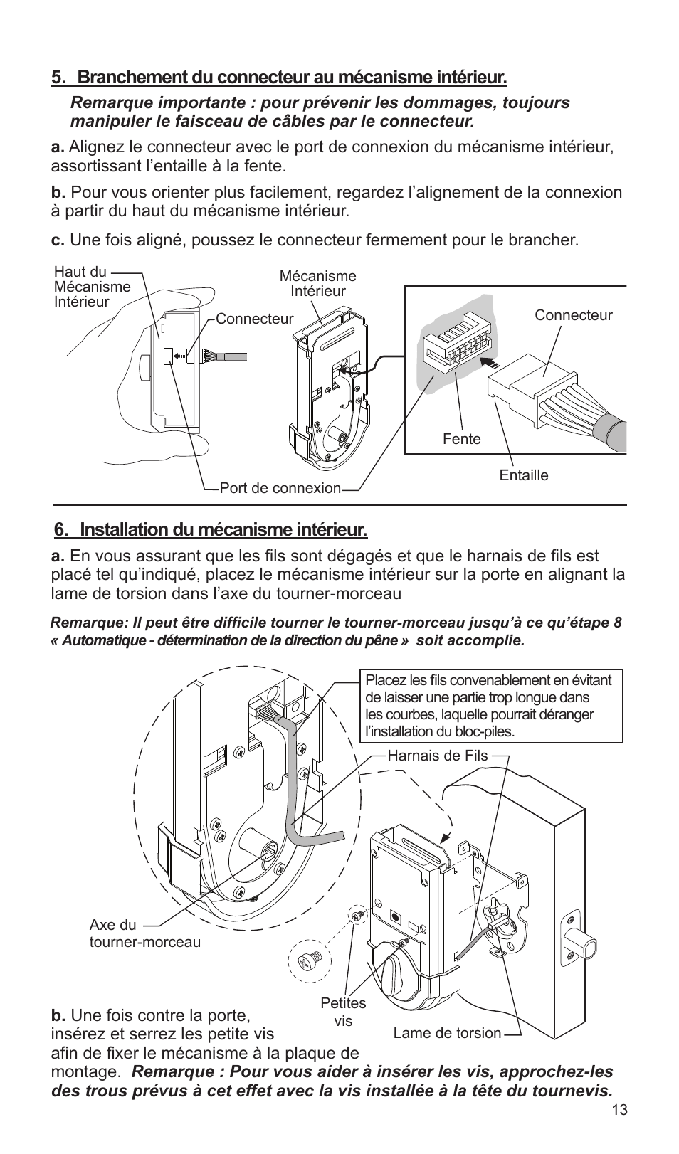 Branchement du connecteur au mécanisme intérieur, Installation du mécanisme intérieur | Weiser SmartCode5 - Traditional & Contemporary User Manual | Page 13 / 27