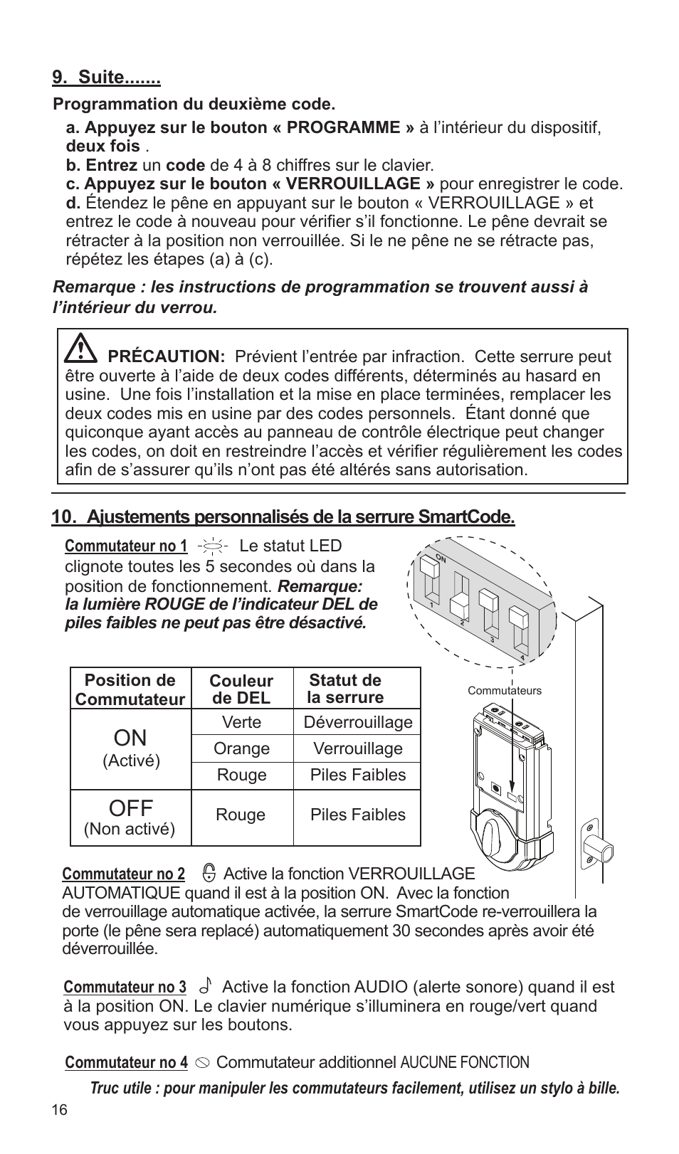 Off on, Ajustements personnalisés de la serrure smartcode, Suite | Weiser SmartCode5 - Traditional & Contemporary User Manual | Page 16 / 27