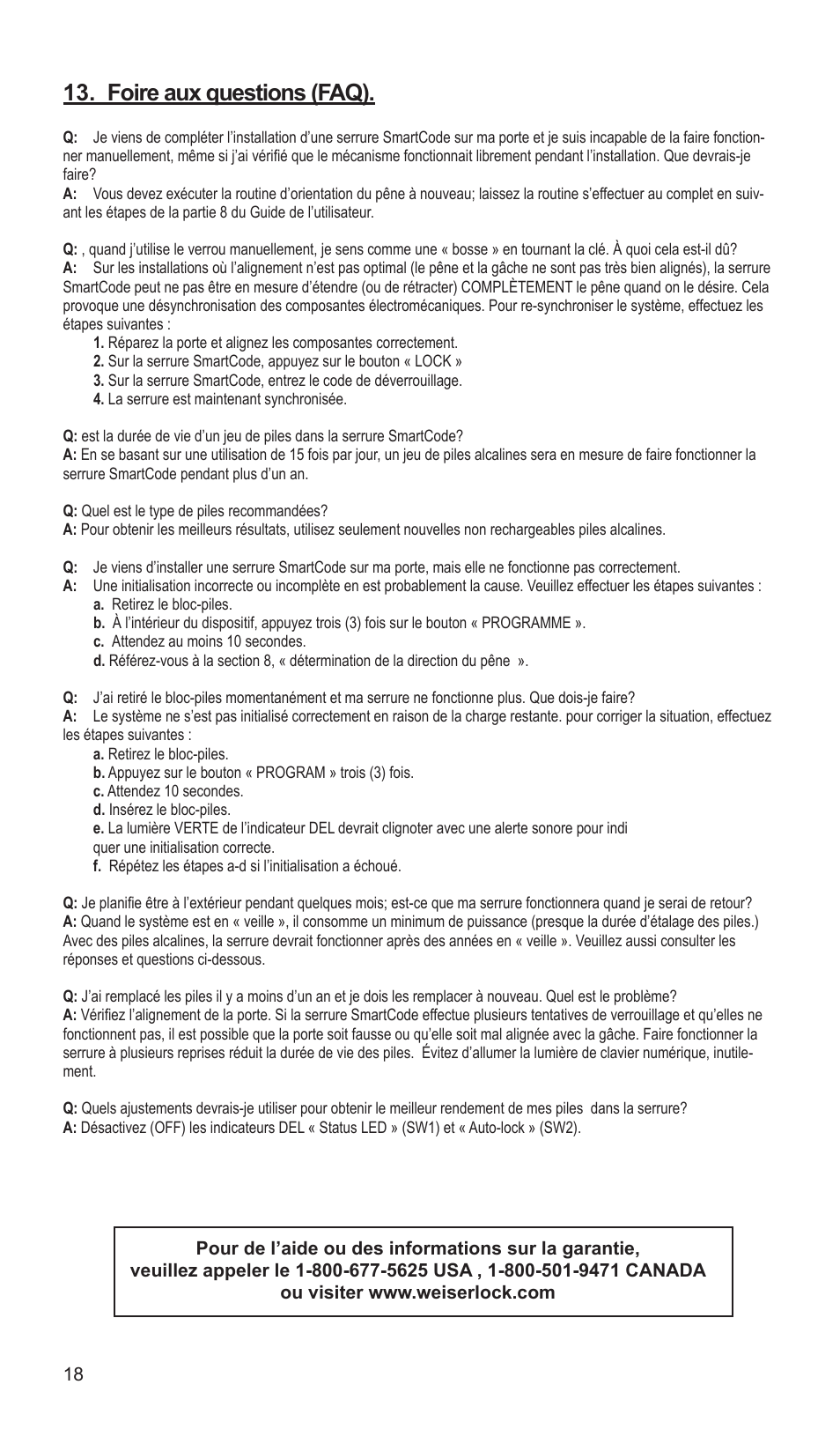 Foire aux questions (faq) | Weiser SmartCode5 - Traditional & Contemporary User Manual | Page 18 / 27