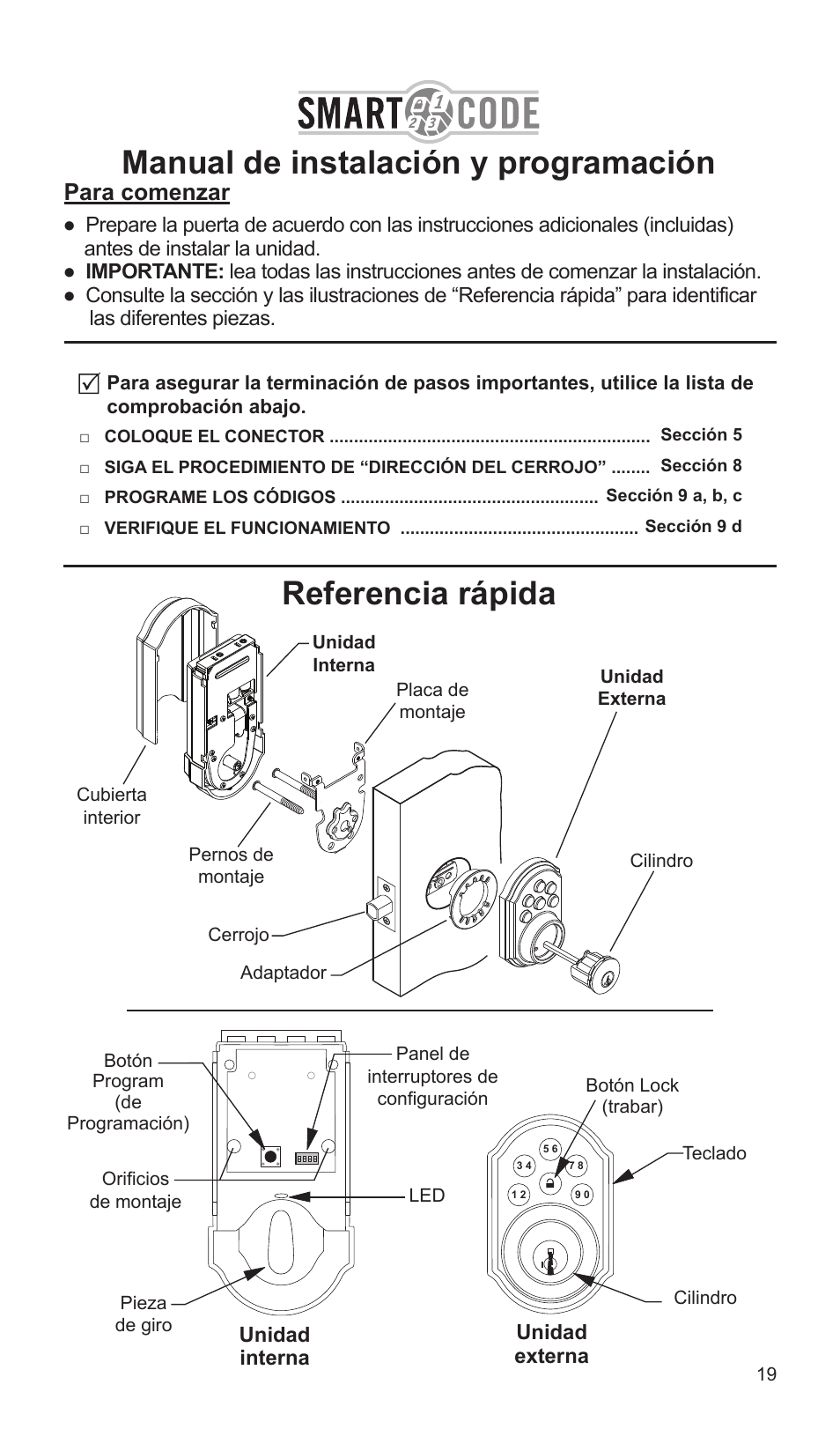 Referencia rápida, Manual de instalación y programación, Para comenzar | Weiser SmartCode5 - Traditional & Contemporary User Manual | Page 19 / 27