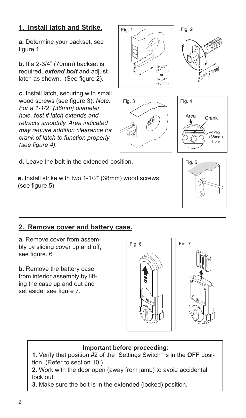Install latch and strike, Remove cover and battery case | Weiser SmartCode5 - Traditional & Contemporary User Manual | Page 2 / 27