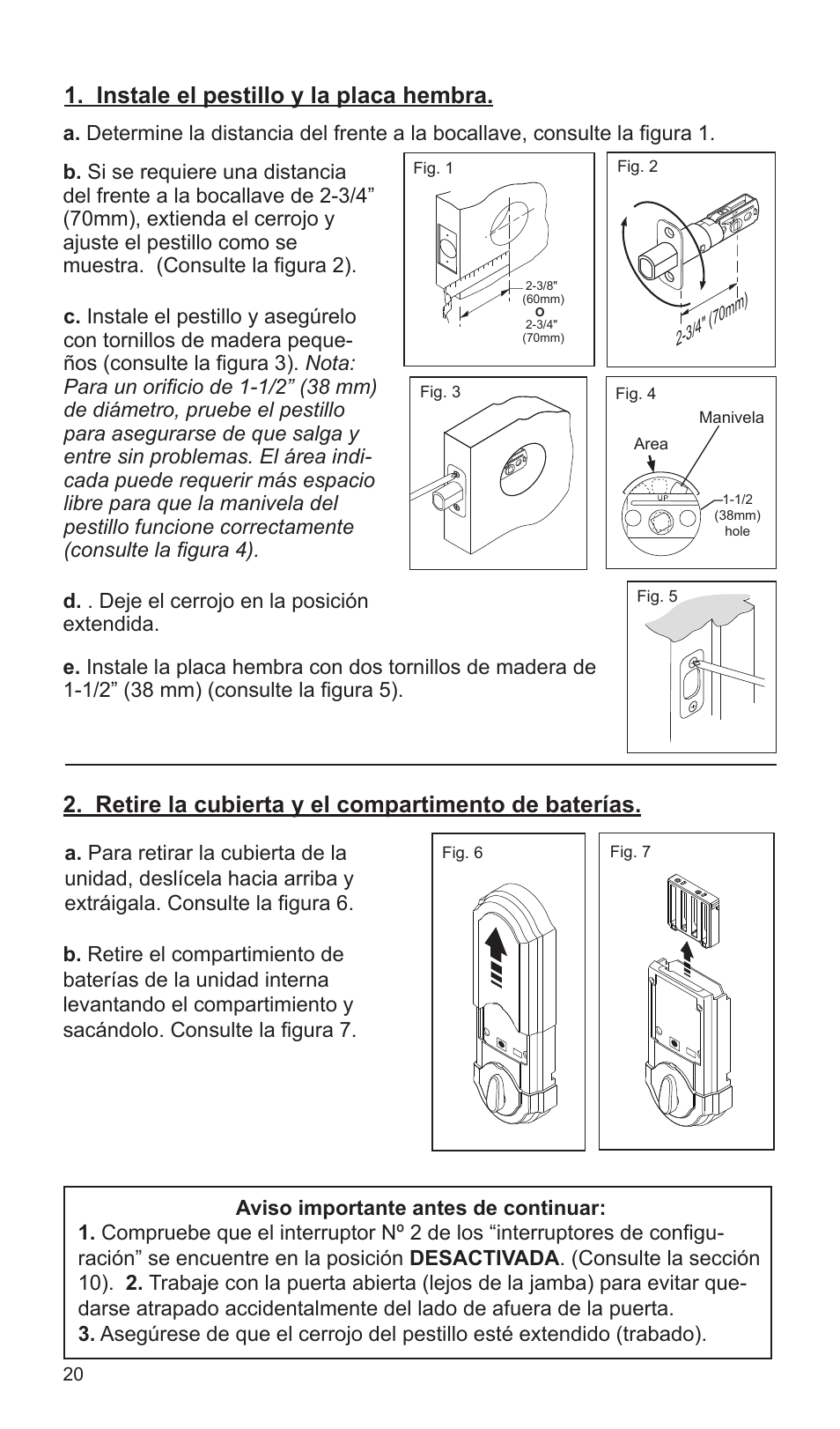 Instale el pestillo y la placa hembra, Retire la cubierta y el compartimento de baterías | Weiser SmartCode5 - Traditional & Contemporary User Manual | Page 20 / 27