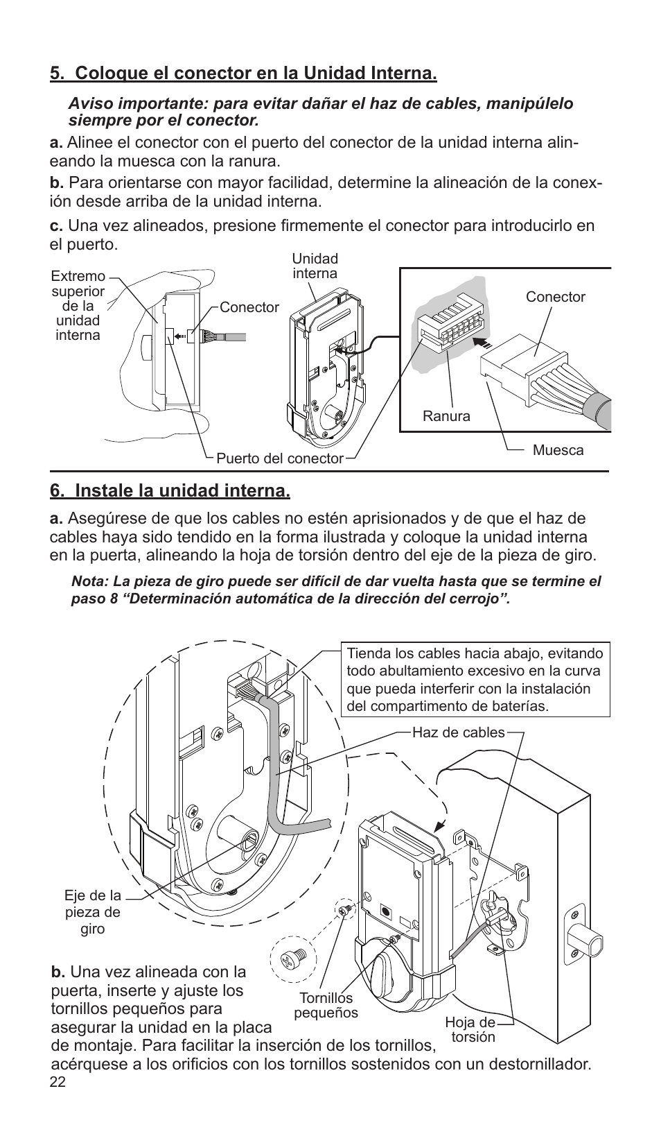 Coloque el conector en la unidad interna, Instale la unidad interna | Weiser SmartCode5 - Traditional & Contemporary User Manual | Page 22 / 27