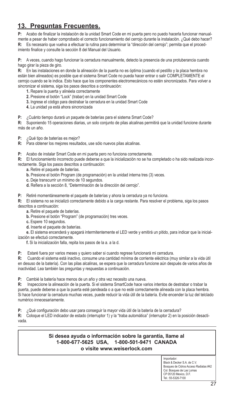 Preguntas frecuentes | Weiser SmartCode5 - Traditional & Contemporary User Manual | Page 27 / 27