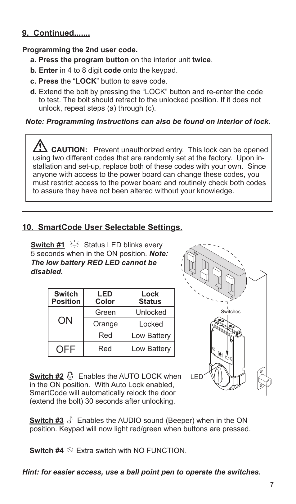 Off on, Continued, Smartcode user selectable settings | Weiser SmartCode5 - Traditional & Contemporary User Manual | Page 7 / 27