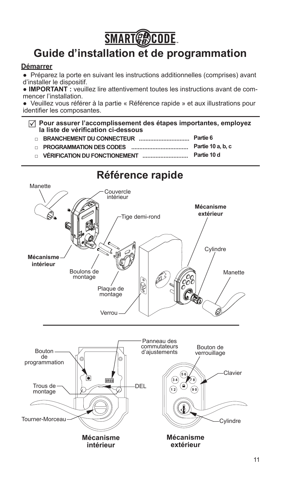 Guide d’installation et de programmation, Référence rapide | Weiser SmartCode Lever User Manual | Page 11 / 30