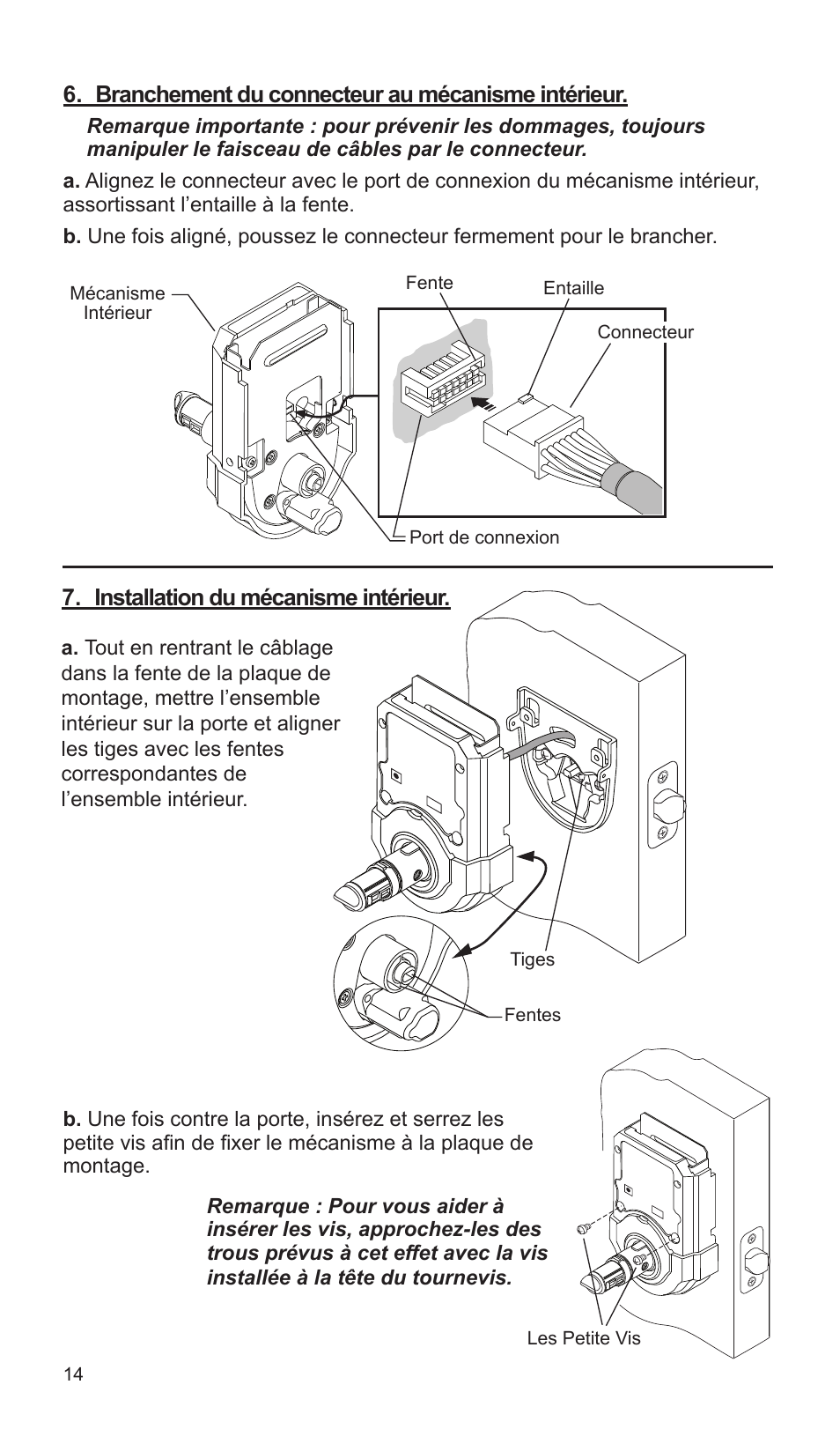 Branchement du connecteur au mécanisme intérieur, Installation du mécanisme intérieur | Weiser SmartCode Lever User Manual | Page 14 / 30