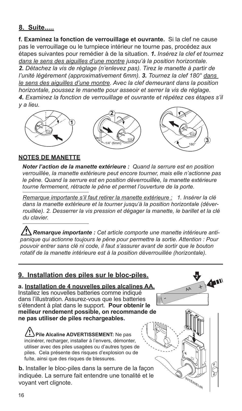 Suite, Installation des piles sur le bloc-piles | Weiser SmartCode Lever User Manual | Page 16 / 30