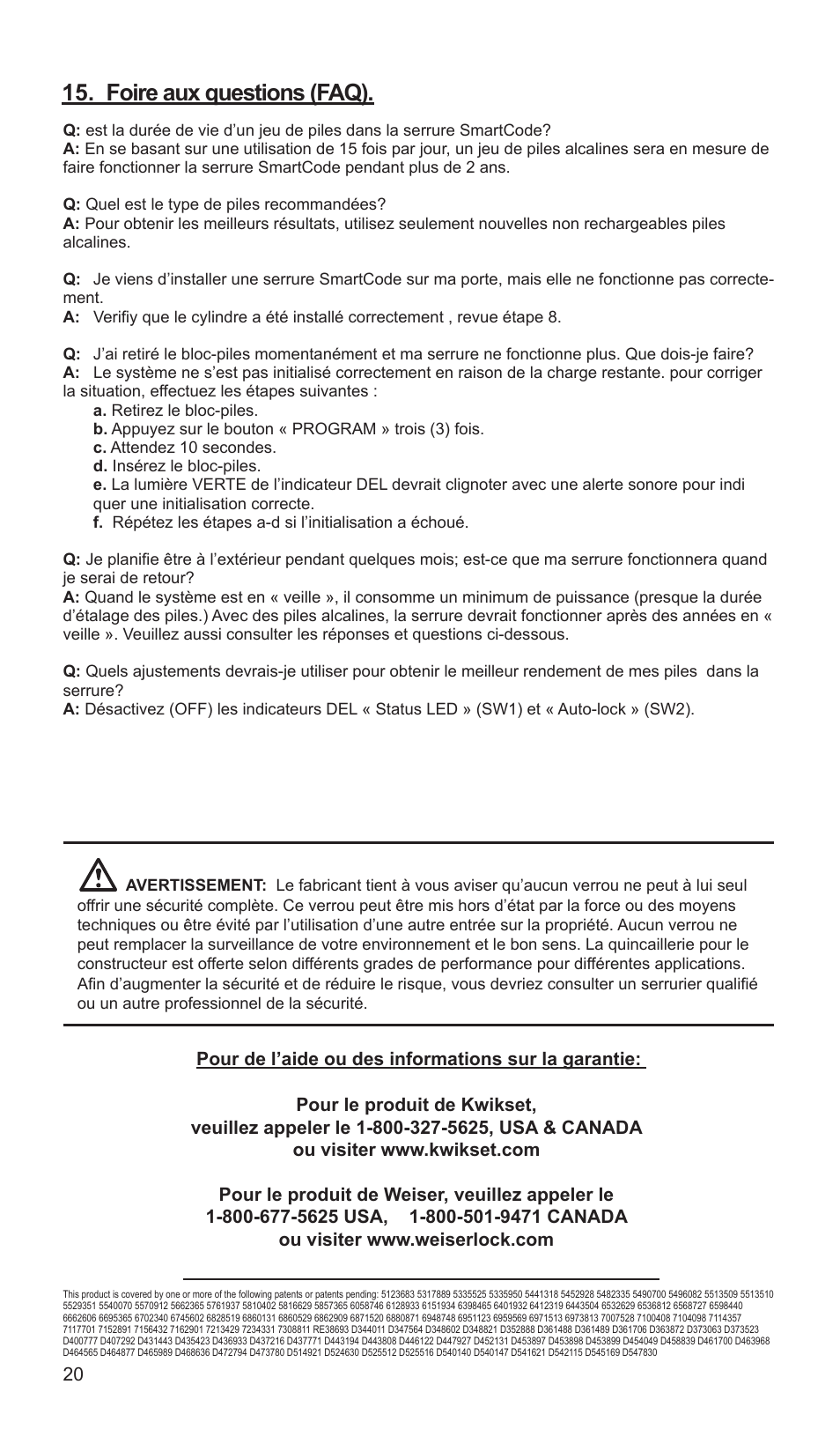 Foire aux questions (faq) | Weiser SmartCode Lever User Manual | Page 20 / 30