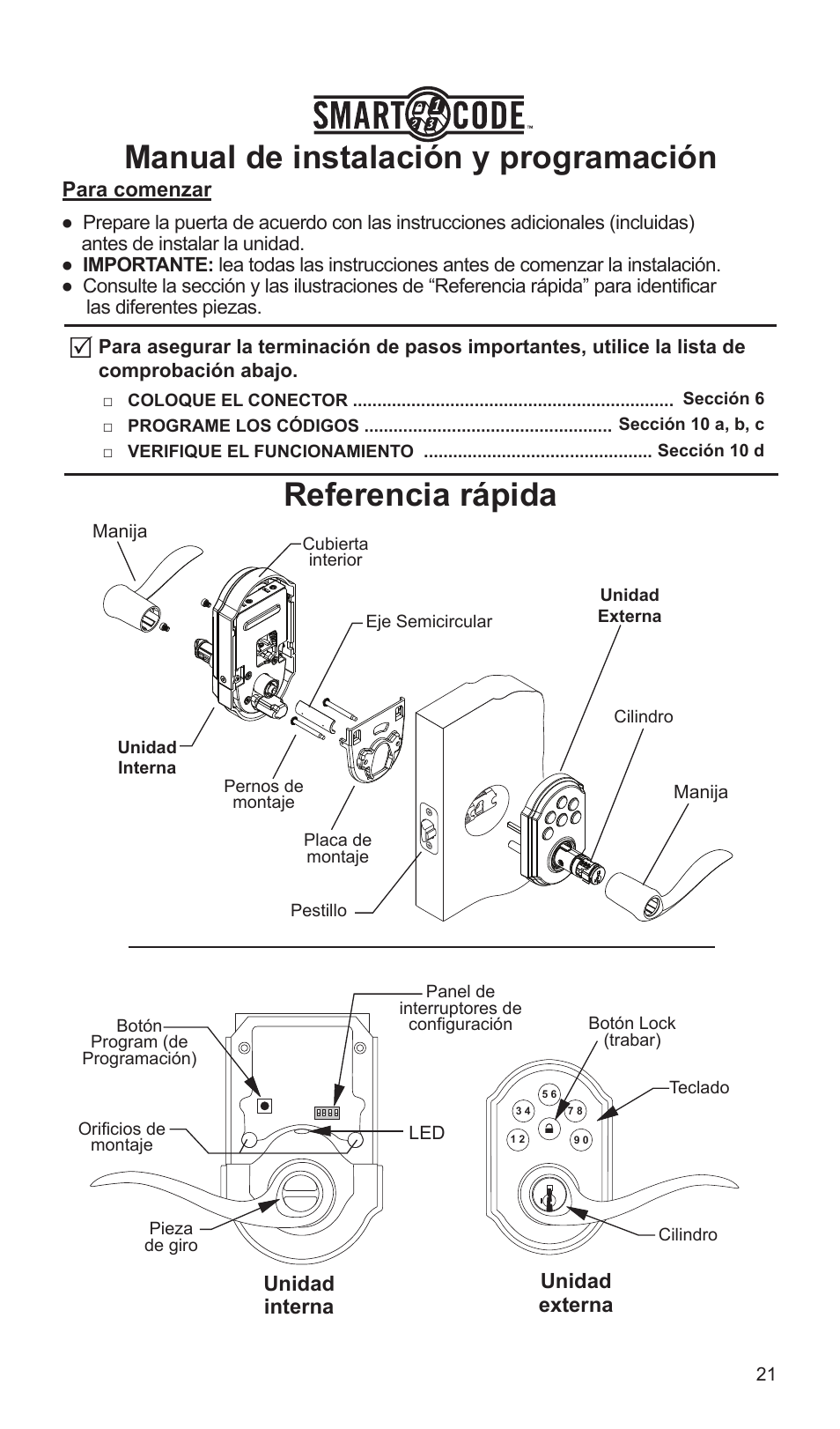 Referencia rápida, Manual de instalación y programación | Weiser SmartCode Lever User Manual | Page 21 / 30