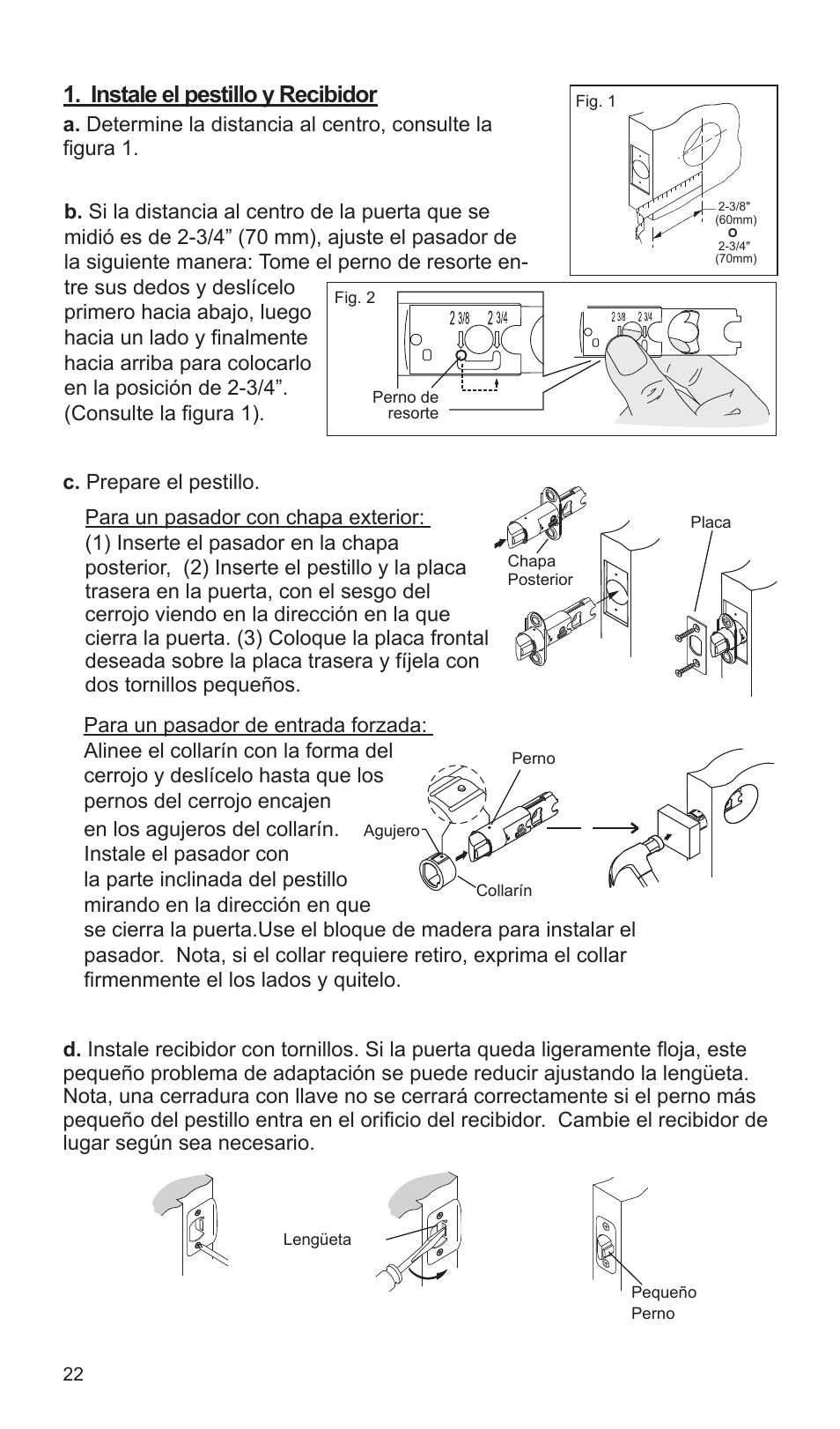 Instale el pestillo y recibidor | Weiser SmartCode Lever User Manual | Page 22 / 30