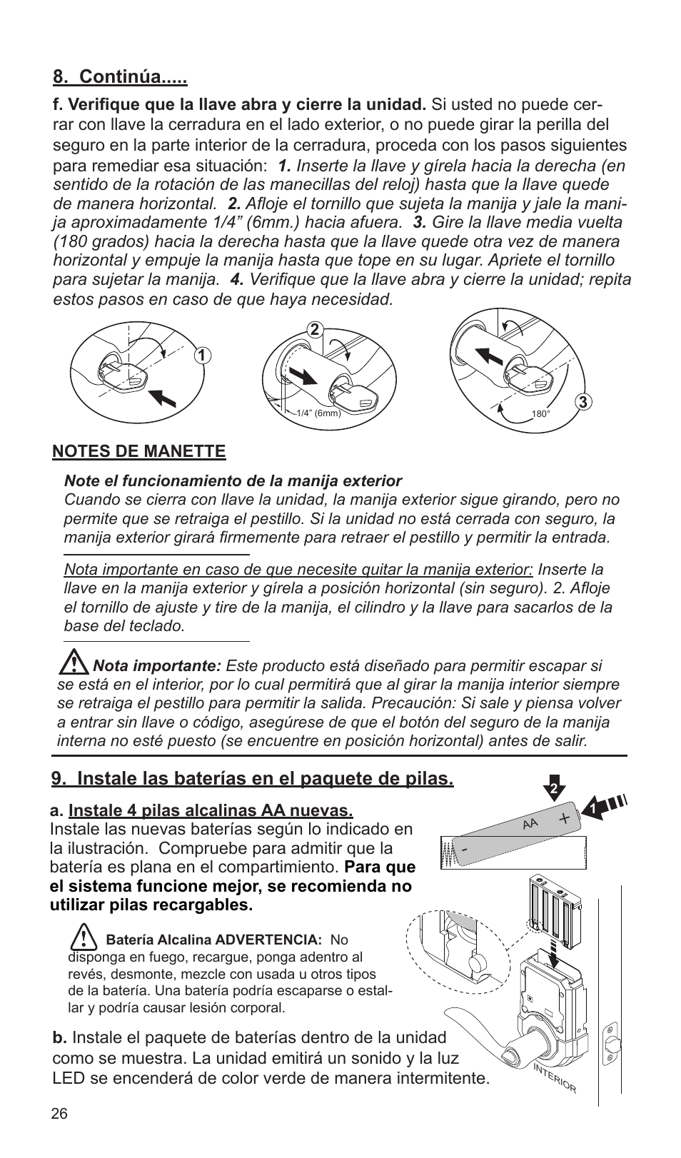 Continúa, Instale las baterías en el paquete de pilas | Weiser SmartCode Lever User Manual | Page 26 / 30
