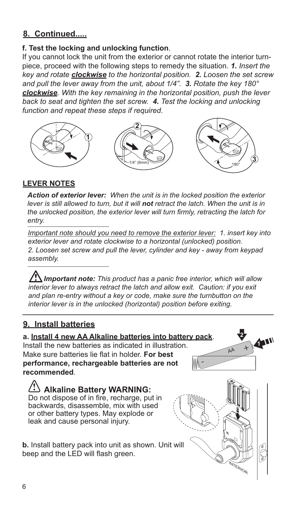 Install batteries alkaline battery warning, Continued | Weiser SmartCode Lever User Manual | Page 6 / 30