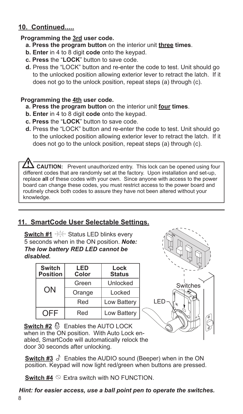 Off on, Smartcode user selectable settings, Continued | Weiser SmartCode Lever User Manual | Page 8 / 30