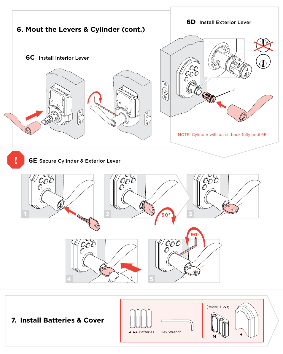 Mout the levers & cylinder (cont.), Install batteries & cover | Weiser Arched Interior Style User Manual | Page 4 / 5