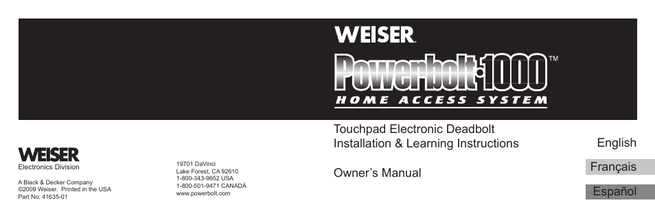 Weiser Powerbolt User Manual | 33 pages