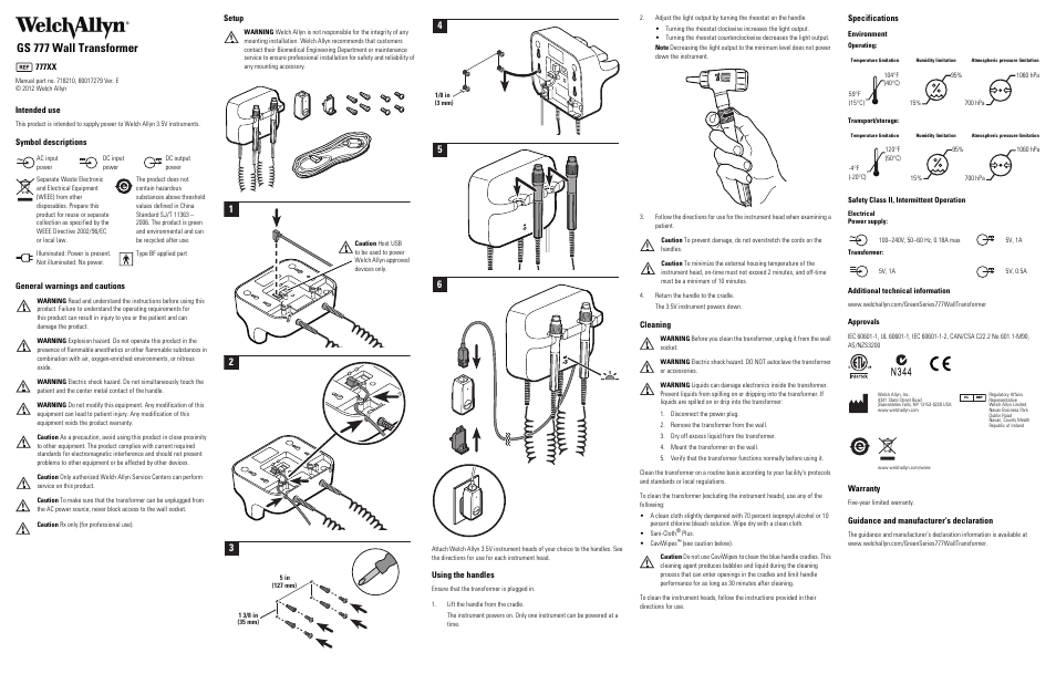 Welch Allyn GS 777 Wall Transformer - User Manual User Manual | 1 page
